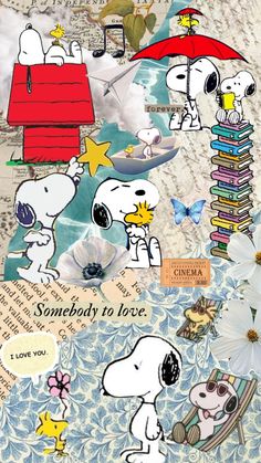 a collage of peanuts holding an umbrella and some books with the caption, somebody to love i love you