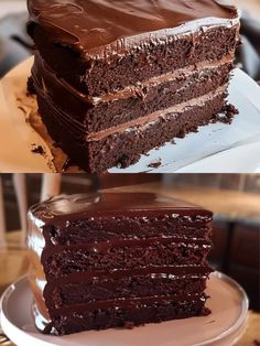 there are two slices of chocolate cake on the plate and one slice has been cut