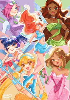 some very pretty cartoon girls with different hair colors and makeup looks like they're from sailor princesses