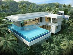 an artist's rendering of a modern house in the jungle with a pool and palm trees