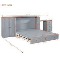 an image of a bed with drawers and measurements for the size in which it is placed