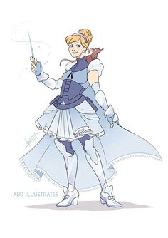 a drawing of a woman dressed in blue and white, holding a wand with her right hand