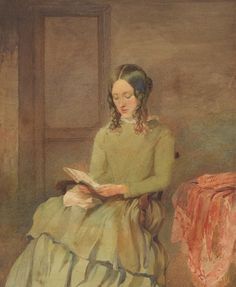 a painting of a woman sitting down reading