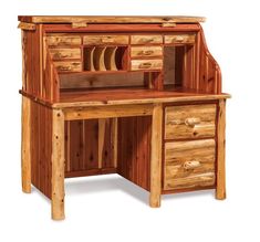 a wooden desk with two drawers and an open drawer