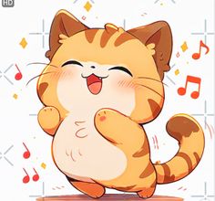 an orange and white cat standing on its hind legs with music notes in the background