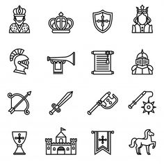 Icon medieval icon set with white backgr... | Premium Vector #Freepik #vector #background #vintage #line #crown Medieval Logo, Medieval Tattoos, Knight Clipart, Medieval Symbols, Boat Icon, Viking Head, Viking House, Medieval Tattoo, Medieval Festival