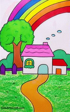 a drawing of a house with a rainbow in the sky above it and a tree on the other side