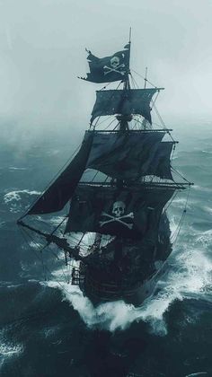 a pirate ship sailing in the ocean with two flags on it's masts