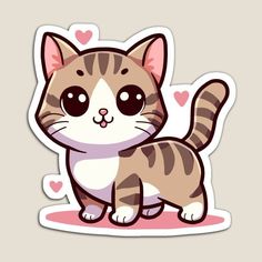 a cute cat sticker with hearts on the back and chest, sitting in front of a white background