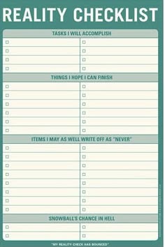 a green and white checklist with the words reality checklist written in black on it