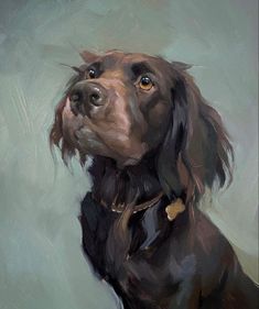 an oil painting of a dog looking up