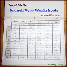 the french verb worksheet is on top of a table with words and numbers