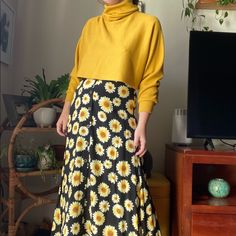 Both Items Bought From Forever 21. Turtle Neck Was Never Worn Sunflower Skirt Gently Worn Yellow Flared Skirt For Fall, Yellow Fall Skirt For Day Out, Yellow Skirt For Day Out In Fall, Yellow Skirt For Fall Day Out, Floral Maxi Skirt Outfit, Sunflower Skirt, Uni Fits, Yellow Clothes, Maxi Skirt Outfits