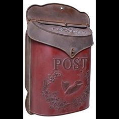 a red mailbox with the word post written on it's front and side