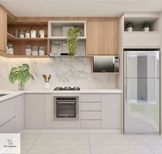 a white kitchen with wooden cabinets and marble counter tops is seen in this image, it appears to be an artist's rendering