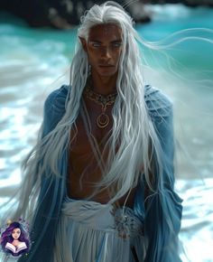 a man with long white hair standing in the water wearing a blue dress and jewelry