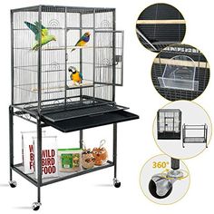 the bird cage is on wheels and has two birds in it