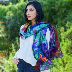 The bold colors of the scarf remind her of the vivacity of Mexico and her favorite artist, Frida. Happiness painted in colors, it carries her from summer to winter, perfect in every weather. 70% Cotton / 30% Silk Hand rolled edges 74" x 26" Casual Multicolor Shawl For Spring, Multicolor Beach Shawl For Spring, Spring Beach Shawl In Multicolor, Casual Multicolor Summer Shawl, Multicolor Summer Shawl Scarf, Multicolor Silk Shawl For Spring, Multicolor Shawl Scarf For Summer, Multicolor Shawl For Summer, Casual Multicolor Silk Scarf For The Beach