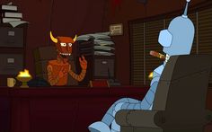 a cartoon character sitting at a desk in front of a computer monitor with a demon on it