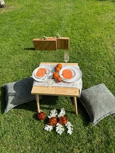 an outdoor table set up for two with plates and flowers on the grass in front of it