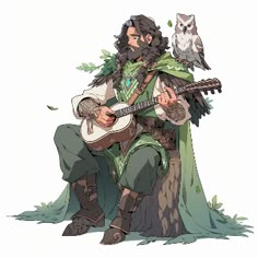 a man with an owl on his shoulder holding a guitar and sitting down next to him