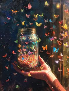 a painting of a person holding a jar filled with butterflies