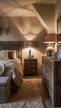 a bed room with a neatly made bed and two lamps