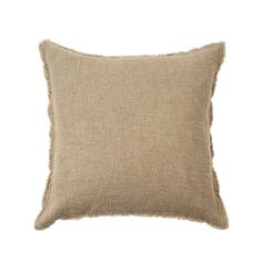 a beige pillow with fray edges on a white background