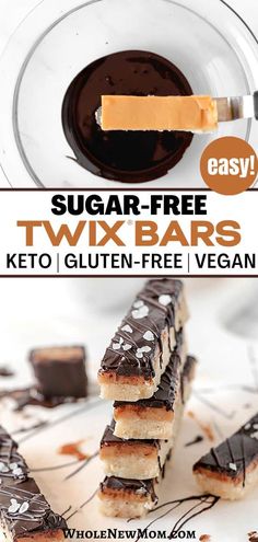 chocolate and caramel squares are stacked on top of each other with the words, sugar - free twix bars keto gluten - free vegan