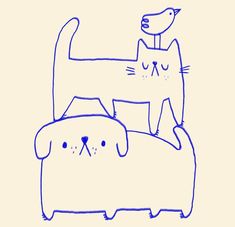 a drawing of two cats and a dog sitting on top of each other in front of a bird