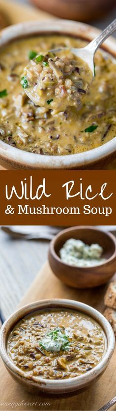 wild rice and mushroom soup in a bowl with a spoon