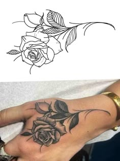 a woman's hand with a rose tattoo on it, and another photo of the same