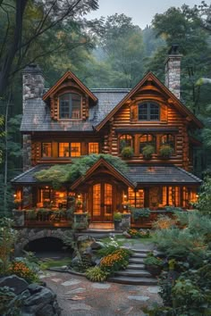 a large log home with lots of windows and plants on the roof, surrounded by greenery