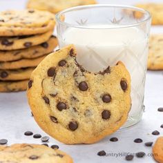 chocolate chip cookies next to a glass of milk