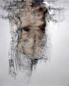 an abstract drawing of a naked man in grey and brown tones, on a white background