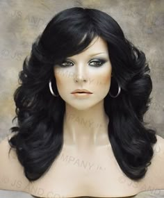 farrah fawcett Glamorous New Big open Wavy Off Black Wig Medium CA 1B | eBay Bangs Feathered, Farrah Fawcett Style, Open Curls, Jaw Lines, 70s Hair, Full Bangs, Style Wig, Blonde Layers, Hair Due