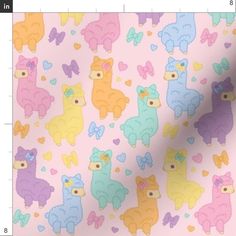 colorful llamas with hearts and bows on a light pink background for wallpaper