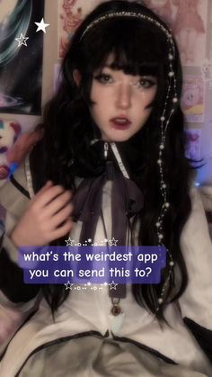 a woman with long black hair wearing a white shirt and bow tie, texting what's the weirdest app you can send this to?