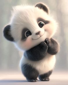 a cute little panda bear standing on its hind legs with his paws in the air