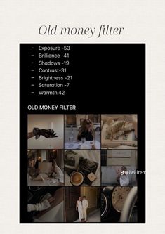 an advertisement for old money filter with images of people in the room and on the floor