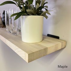 a potted plant sitting on top of a wooden shelf next to wine glasses and a remote control