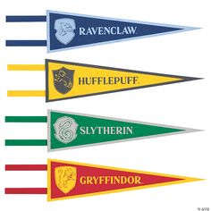 four different colored pennants with names on them