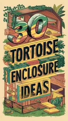 an illustrated poster with the words 30 tortoise enclosure ideas on it