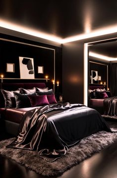 a bedroom with black walls and purple bedding, lights on the headboard, and fur rug