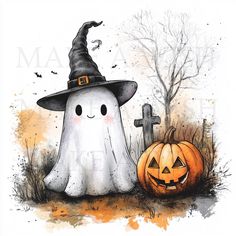 a watercolor painting of a ghost and a pumpkin