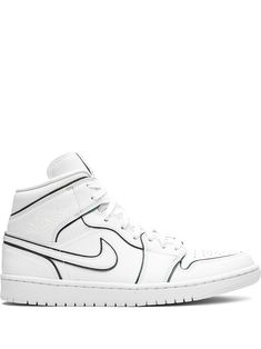 the air jordan 1 mid sneaker is white and has black detailing on the upper