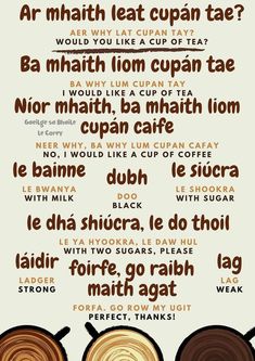 a poster with different types of coffee beans and words written in brown on white paper