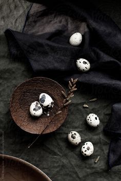 some quails are sitting on a plate next to a black cloth by jodi lenski for stocksy