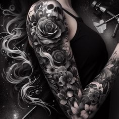 a woman's arm with flowers and skulls on it, in black and white