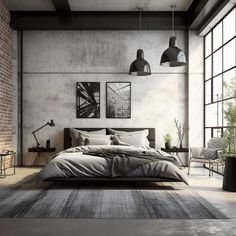 an industrial bedroom with brick walls and exposed ceilings, large bed in the foreground